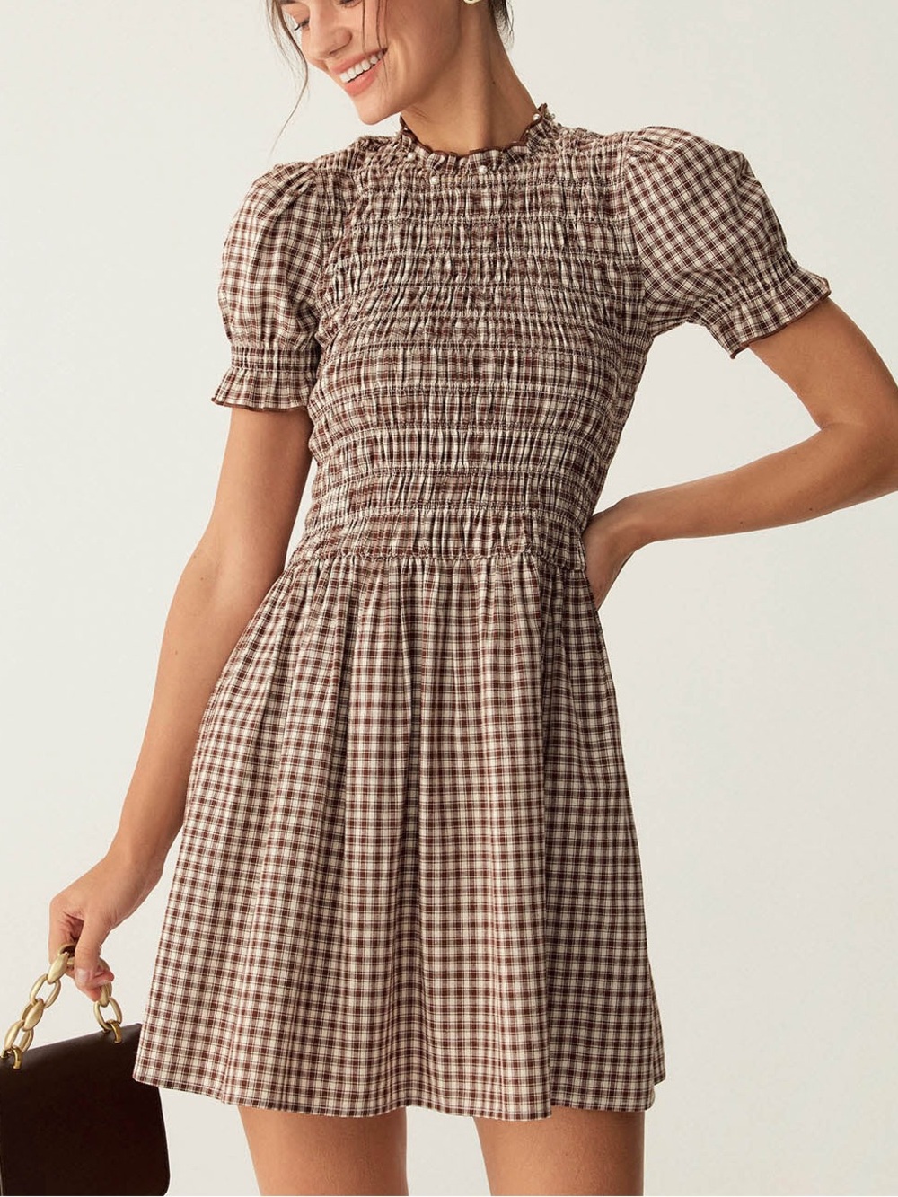 Rihoas Coffee Brown Gingham Puffed Sleeve Smocked Mini Dress size Small NWT